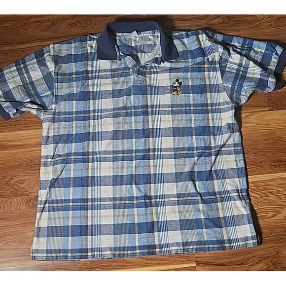 Vintage Mickey Mouse Flannel Polo Short Sleeve Men's Size XL Blue Yellow Golf - Picture 1 of 6